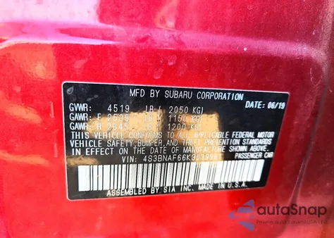 2019 Subaru Legacy 2.5I Premium из США, поврежденный, VIN 4S3BNAF66K3039981